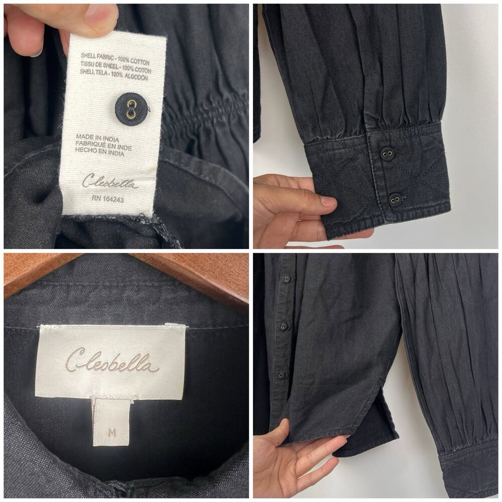 Cleobella Blakely Blouse M Black Puff Sleeve Button Down Boho Cotton Top - Picture 7 of 9